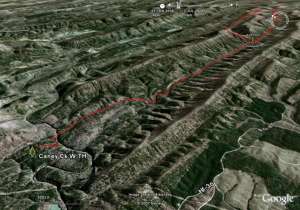 Aerial view to the east of the west Caney Creek Trail using Google Earth imagery.